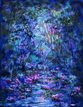 arbres bleus fleurs violettes décor de jardin paysage art mural nature paysage Peinture à l'huile